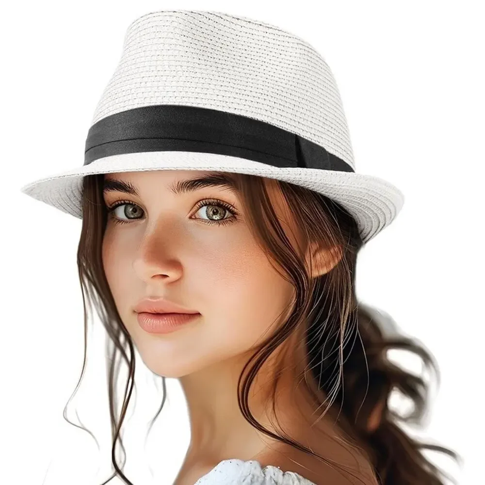 Unisex Straw Fedora Trilby Hat UPF 50+ Packable Summer Beach Sun Hat Size L/XL‎
